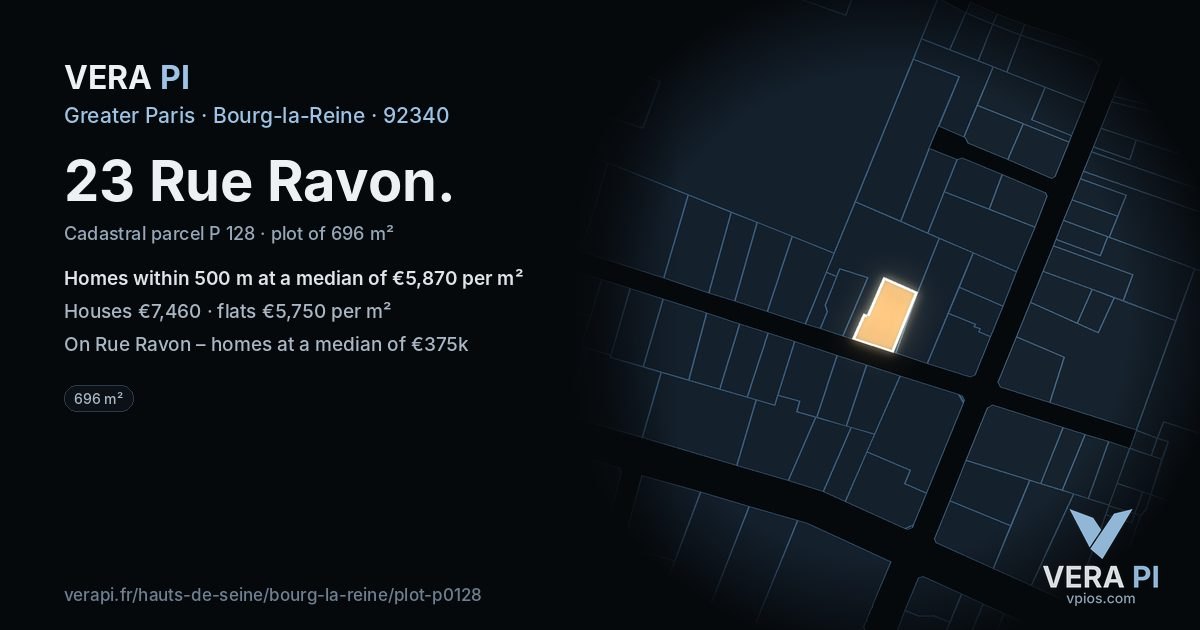 23 Rue Ravon, Bourg-la-Reine at night – the plot lit, the parcels around coloured by the prices near them