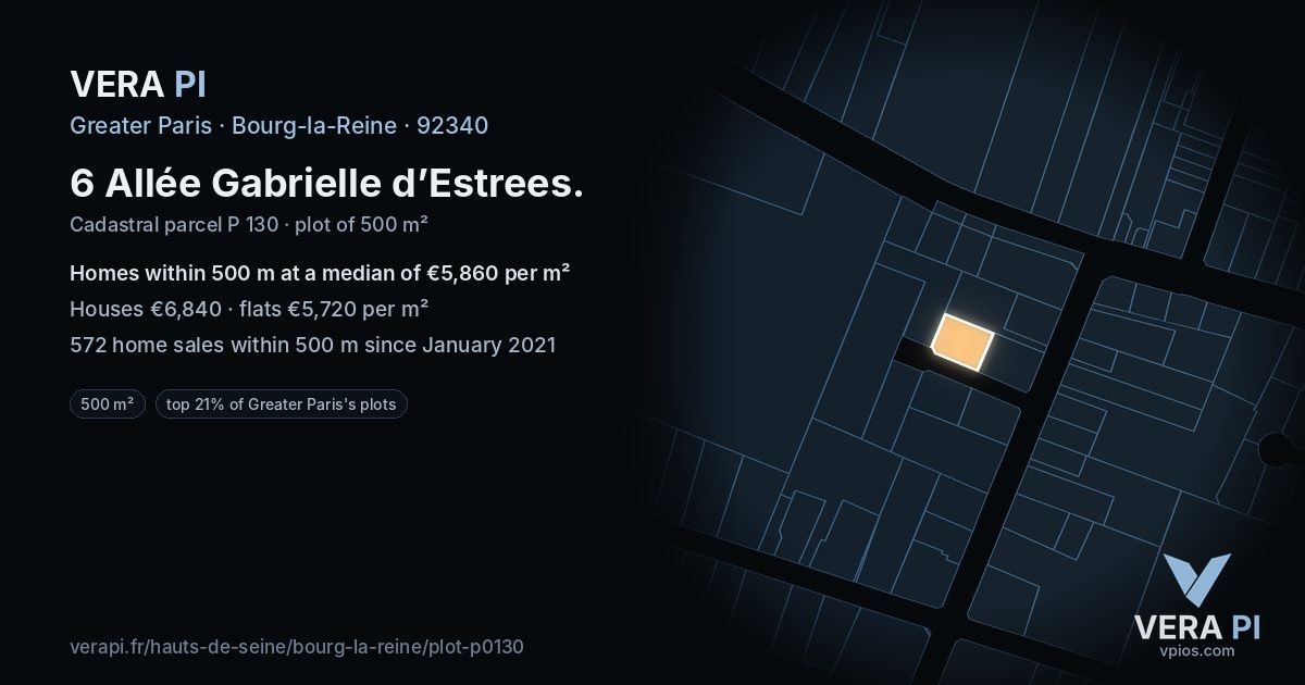 6 Allée Gabrielle d’Estrees, Bourg-la-Reine at night – the plot lit, the parcels around coloured by the prices near them