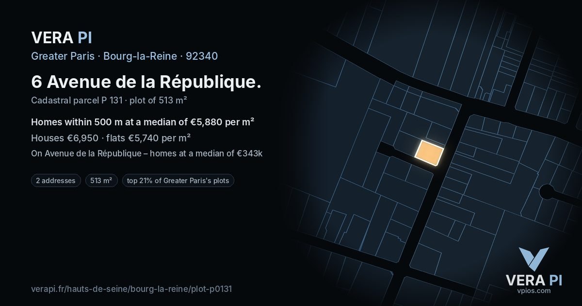 6 Avenue de la République, Bourg-la-Reine at night – the plot lit, the parcels around coloured by the prices near them