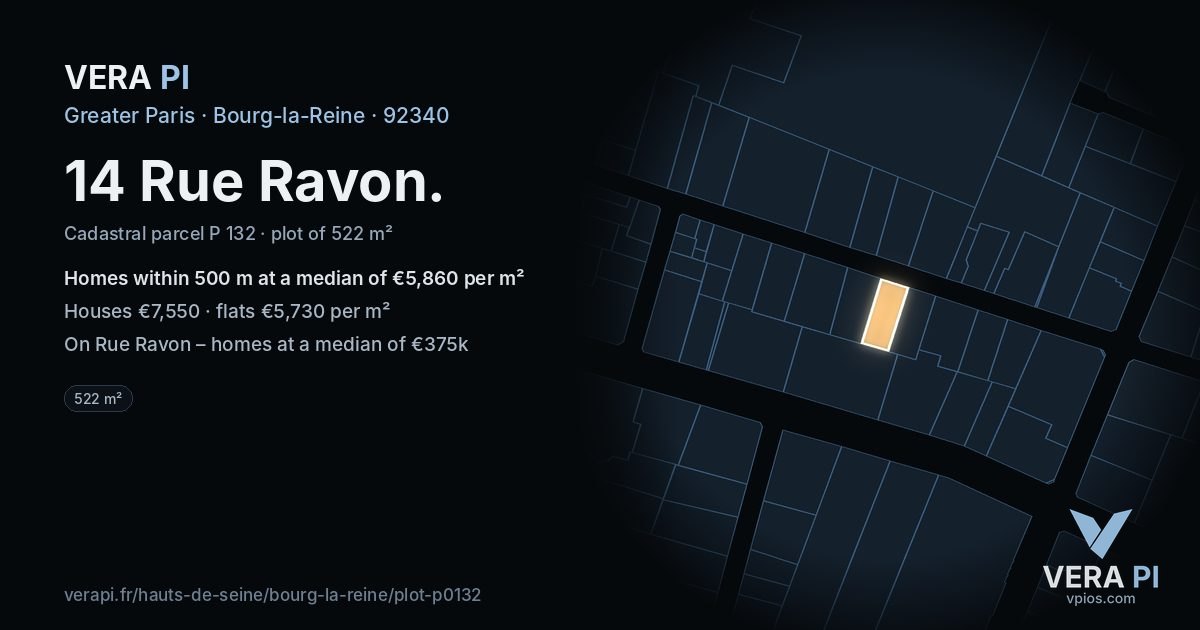 14 Rue Ravon, Bourg-la-Reine at night – the plot lit, the parcels around coloured by the prices near them