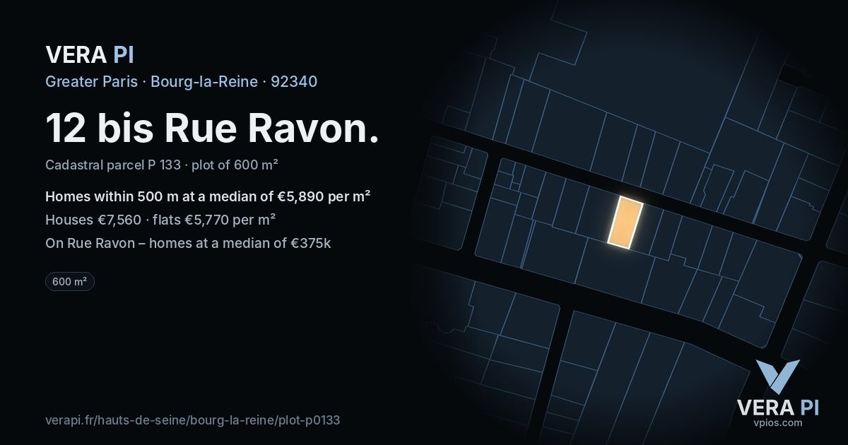 12 bis Rue Ravon, Bourg-la-Reine at night – the plot lit, the parcels around coloured by the prices near them