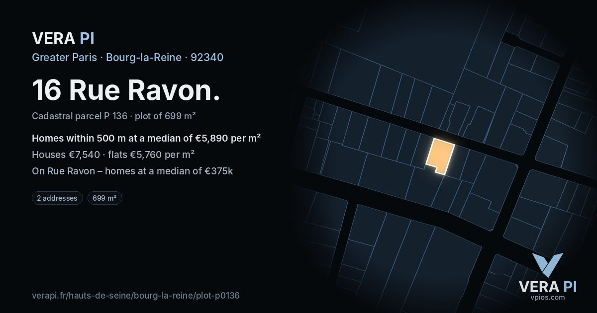 16 Rue Ravon, Bourg-la-Reine at night – the plot lit, the parcels around coloured by the prices near them