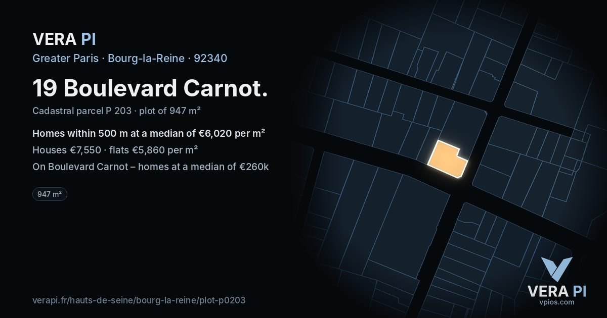 19 Boulevard Carnot, Bourg-la-Reine at night – the plot lit, the parcels around coloured by the prices near them