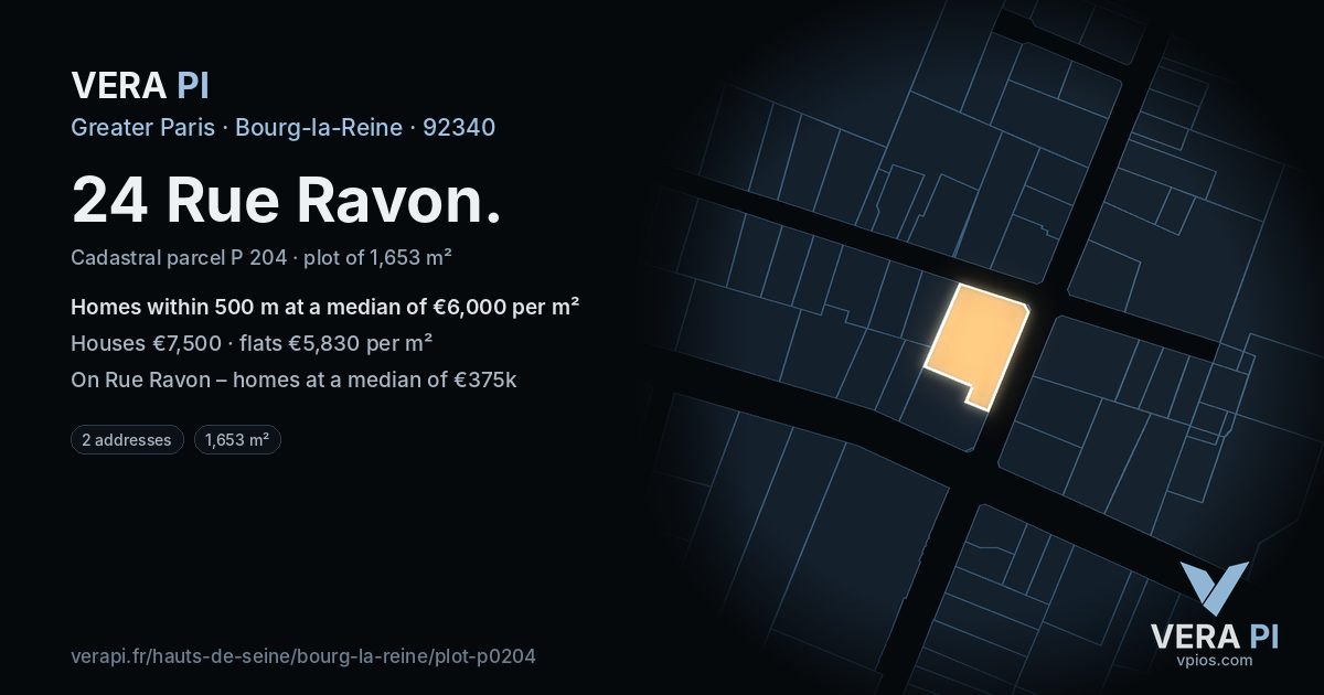 24 Rue Ravon, Bourg-la-Reine at night – the plot lit, the parcels around coloured by the prices near them