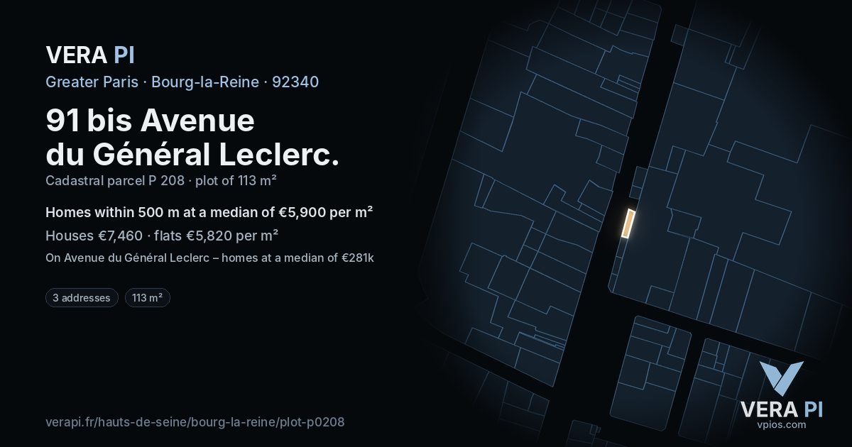 91 bis Avenue du Général Leclerc, Bourg-la-Reine at night – the plot lit, the parcels around coloured by the prices near them