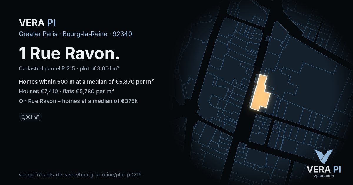 1 Rue Ravon, Bourg-la-Reine at night – the plot lit, the parcels around coloured by the prices near them
