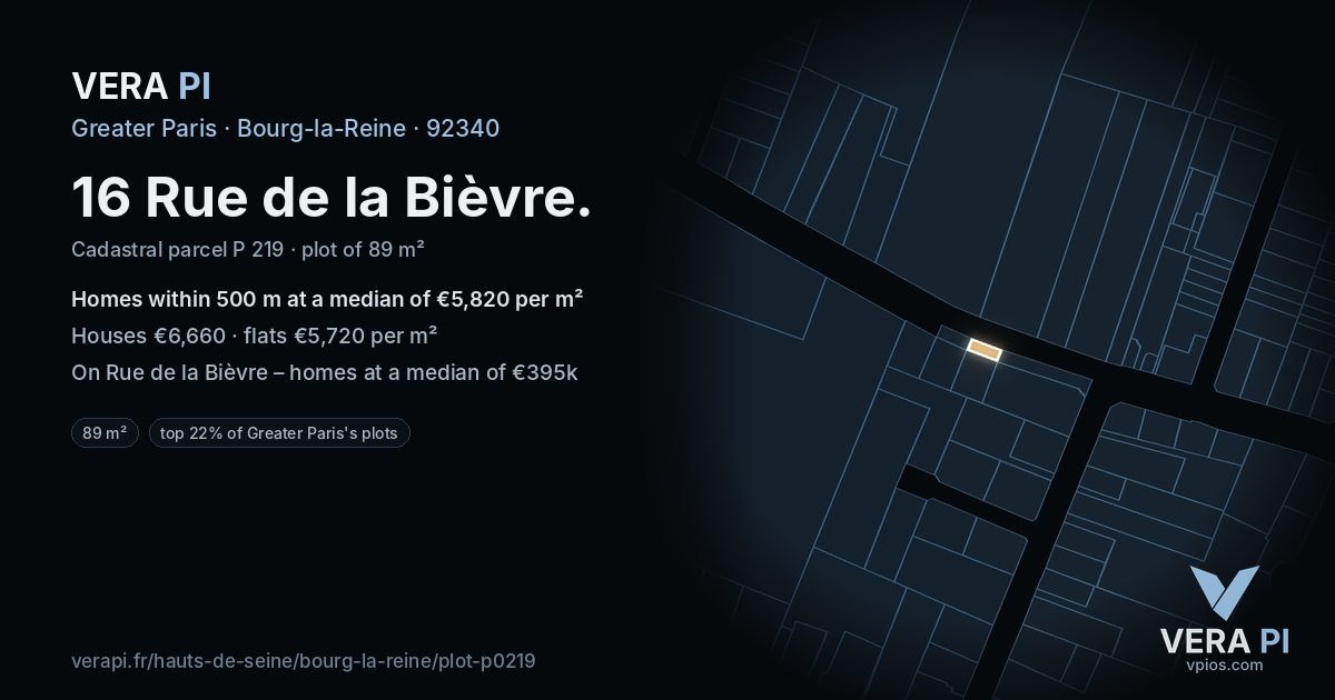 16 Rue de la Bièvre, Bourg-la-Reine at night – the plot lit, the parcels around coloured by the prices near them