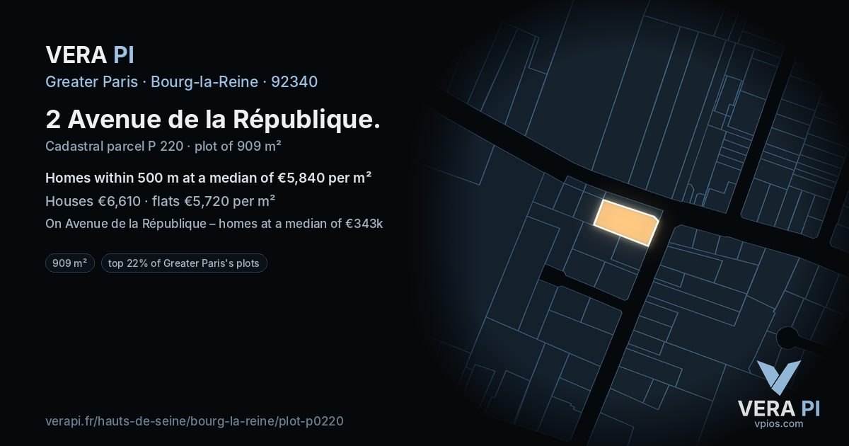 2 Avenue de la République, Bourg-la-Reine at night – the plot lit, the parcels around coloured by the prices near them