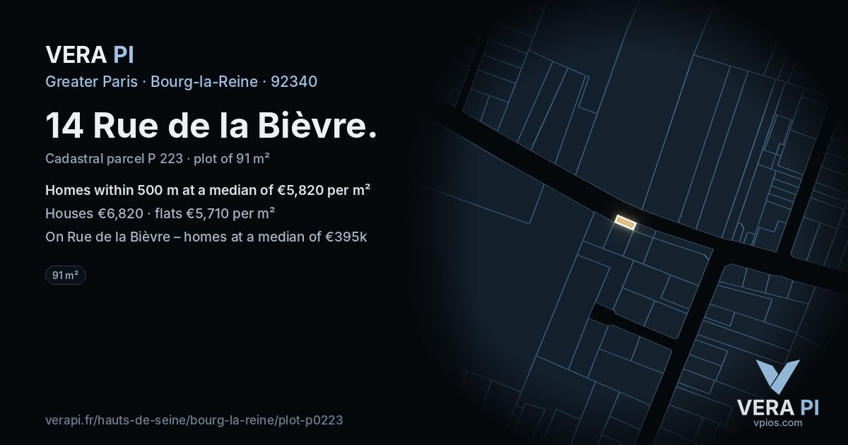 14 Rue de la Bièvre, Bourg-la-Reine at night – the plot lit, the parcels around coloured by the prices near them