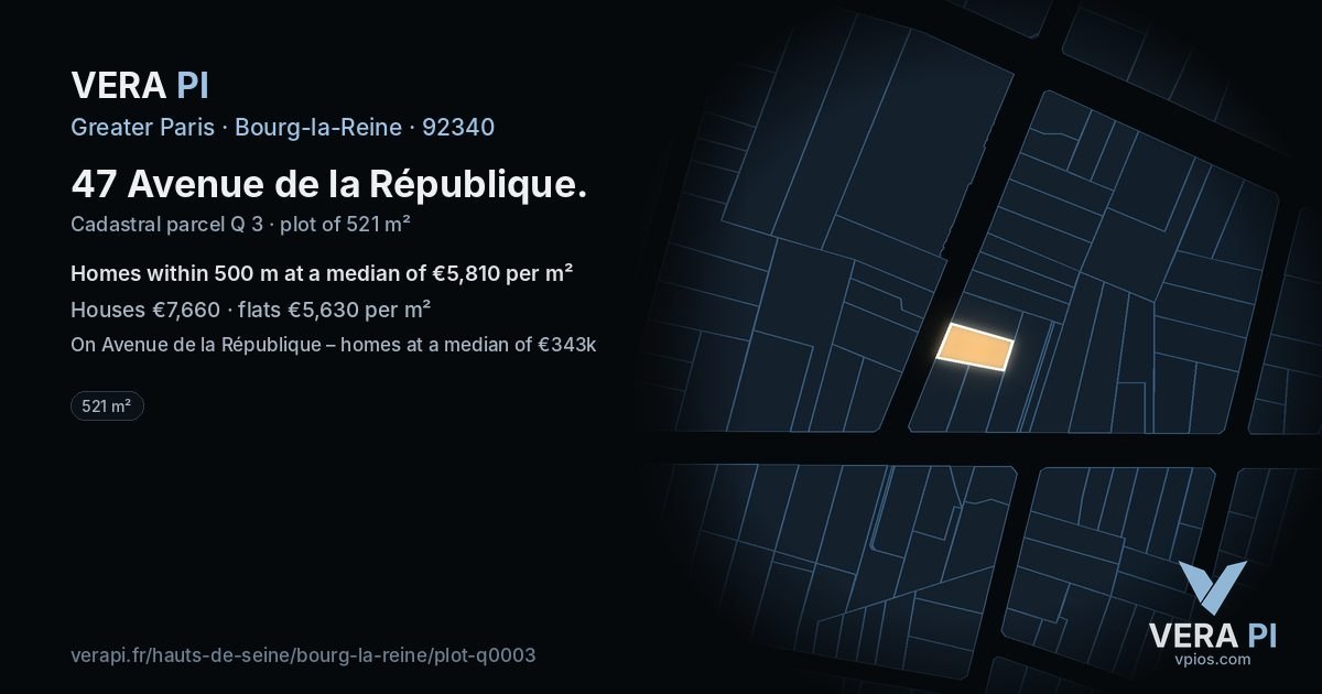 47 Avenue de la République, Bourg-la-Reine at night – the plot lit, the parcels around coloured by the prices near them