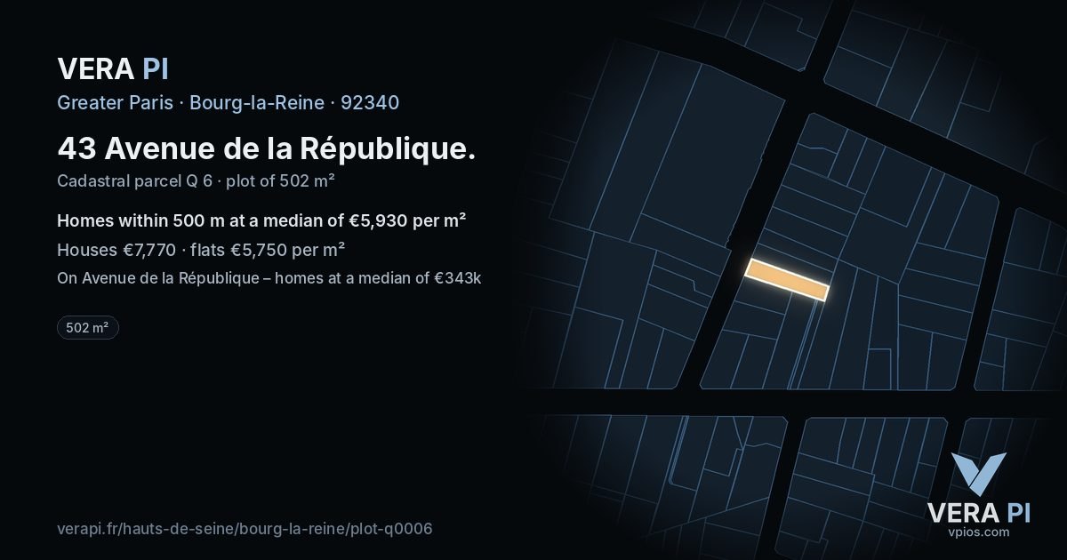 43 Avenue de la République, Bourg-la-Reine at night – the plot lit, the parcels around coloured by the prices near them