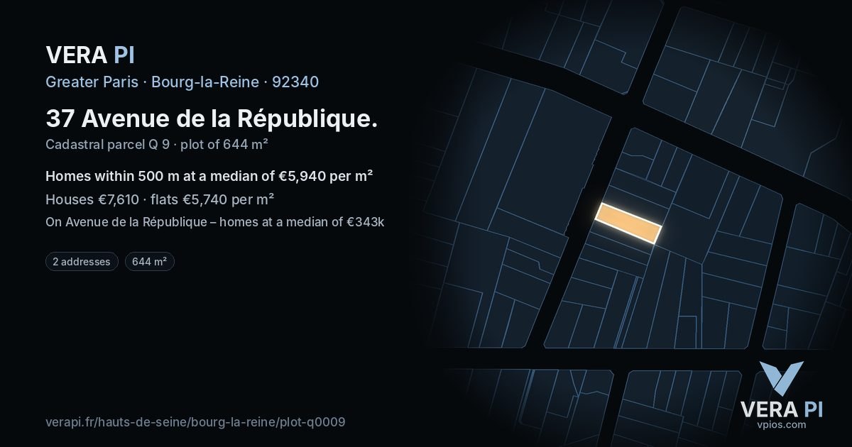 37 Avenue de la République, Bourg-la-Reine at night – the plot lit, the parcels around coloured by the prices near them