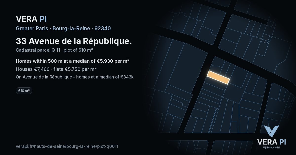 33 Avenue de la République, Bourg-la-Reine at night – the plot lit, the parcels around coloured by the prices near them