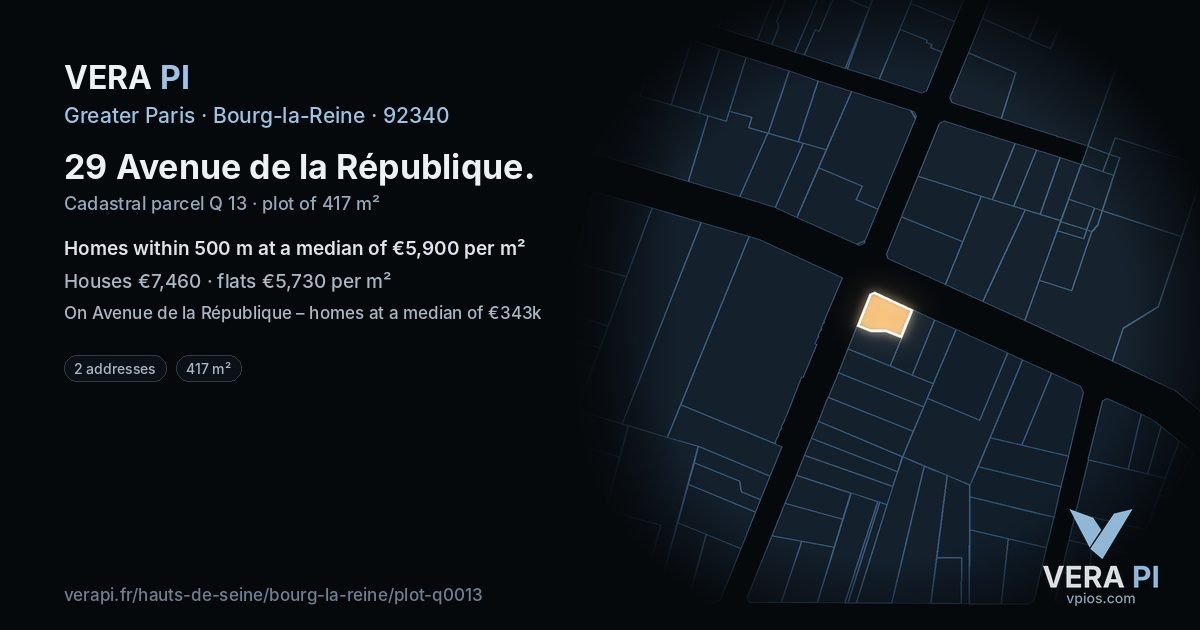 29 Avenue de la République, Bourg-la-Reine at night – the plot lit, the parcels around coloured by the prices near them