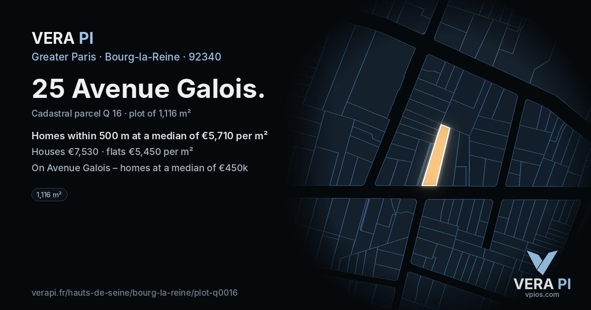 25 Avenue Galois, Bourg-la-Reine at night – the plot lit, the parcels around coloured by the prices near them