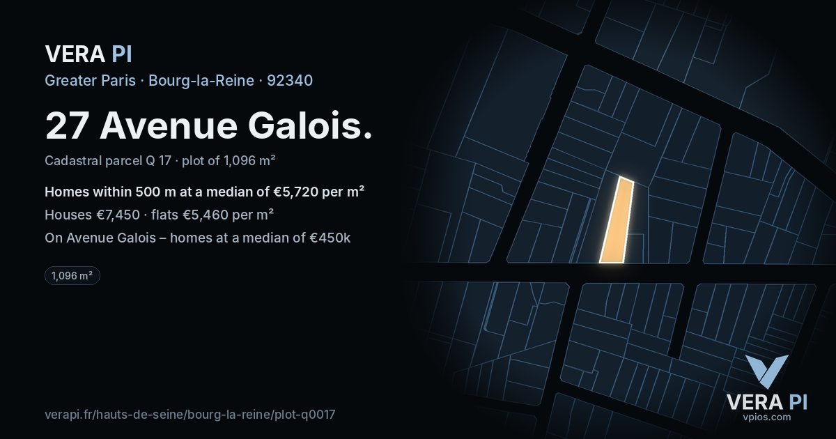 27 Avenue Galois, Bourg-la-Reine at night – the plot lit, the parcels around coloured by the prices near them