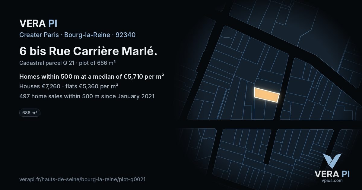6 bis Rue Carrière Marlé, Bourg-la-Reine at night – the plot lit, the parcels around coloured by the prices near them