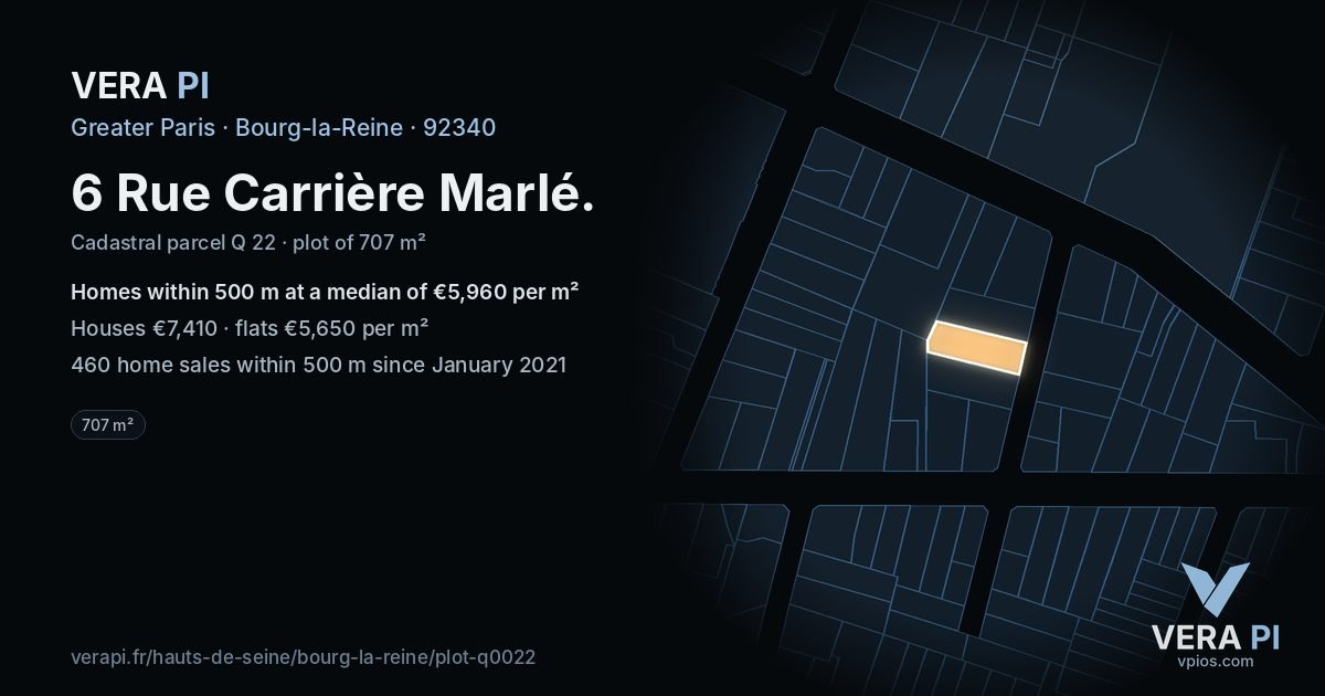 6 Rue Carrière Marlé, Bourg-la-Reine at night – the plot lit, the parcels around coloured by the prices near them