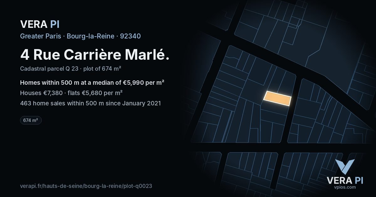 4 Rue Carrière Marlé, Bourg-la-Reine at night – the plot lit, the parcels around coloured by the prices near them