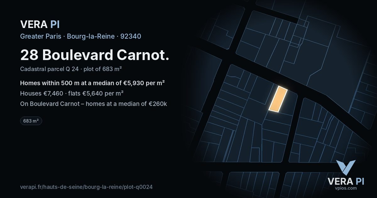 28 Boulevard Carnot, Bourg-la-Reine at night – the plot lit, the parcels around coloured by the prices near them