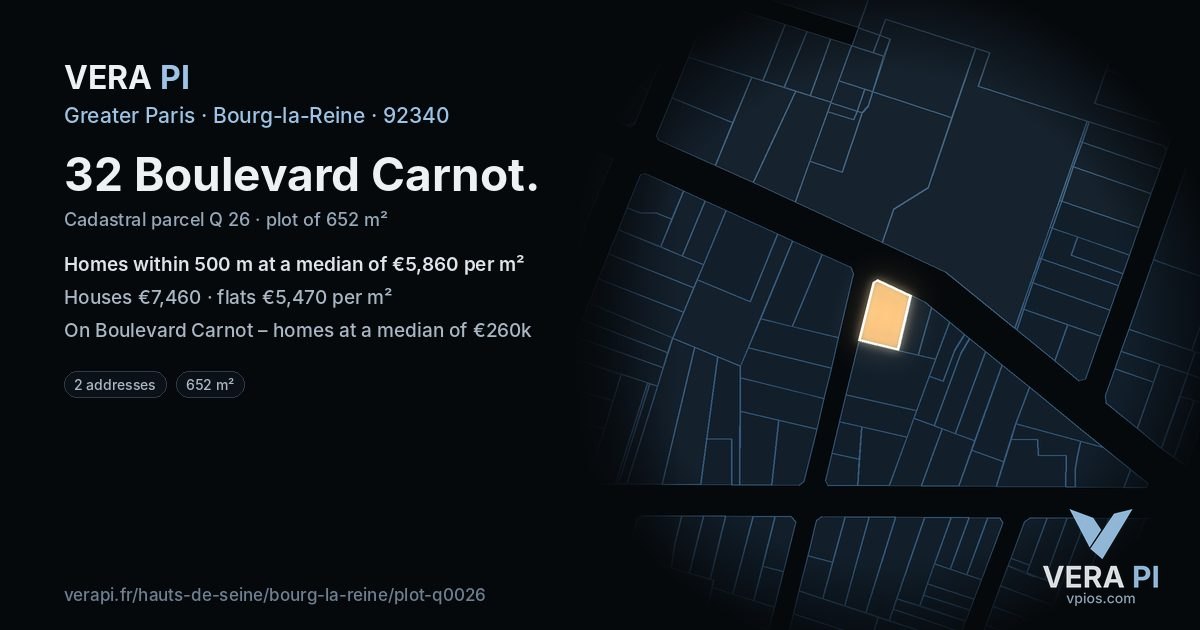 32 Boulevard Carnot, Bourg-la-Reine at night – the plot lit, the parcels around coloured by the prices near them