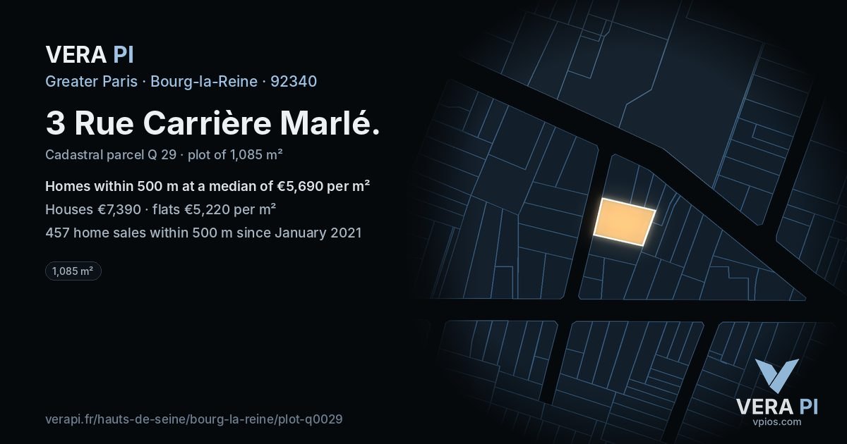 3 Rue Carrière Marlé, Bourg-la-Reine at night – the plot lit, the parcels around coloured by the prices near them