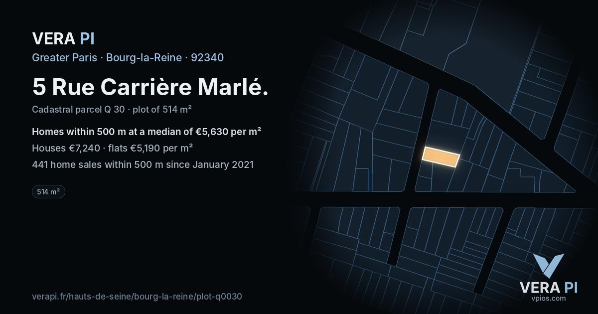 5 Rue Carrière Marlé, Bourg-la-Reine at night – the plot lit, the parcels around coloured by the prices near them