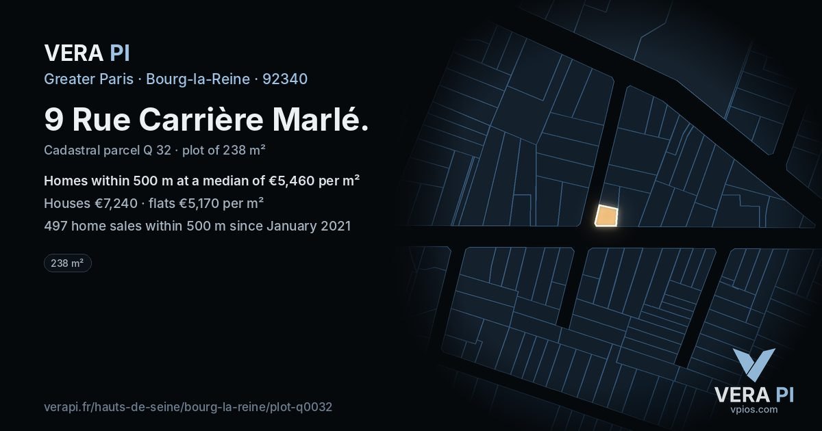9 Rue Carrière Marlé, Bourg-la-Reine at night – the plot lit, the parcels around coloured by the prices near them
