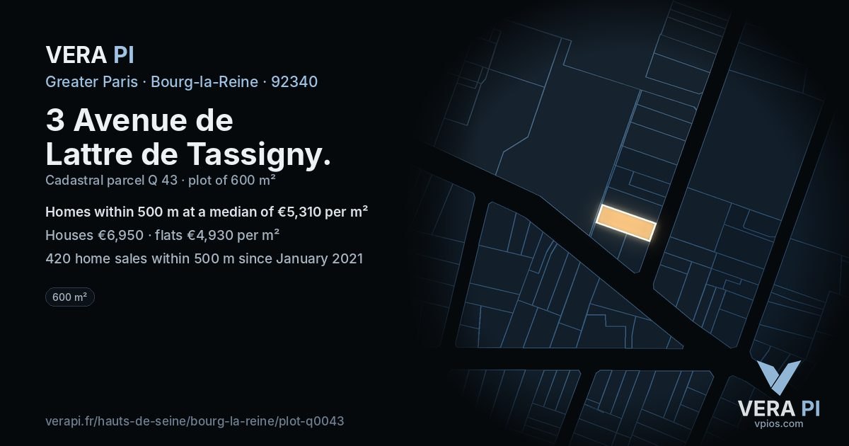 3 Avenue de Lattre de Tassigny, Bourg-la-Reine at night – the plot lit, the parcels around coloured by the prices near them