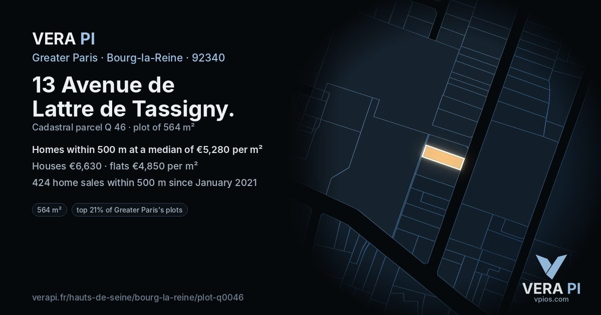 13 Avenue de Lattre de Tassigny, Bourg-la-Reine at night – the plot lit, the parcels around coloured by the prices near them
