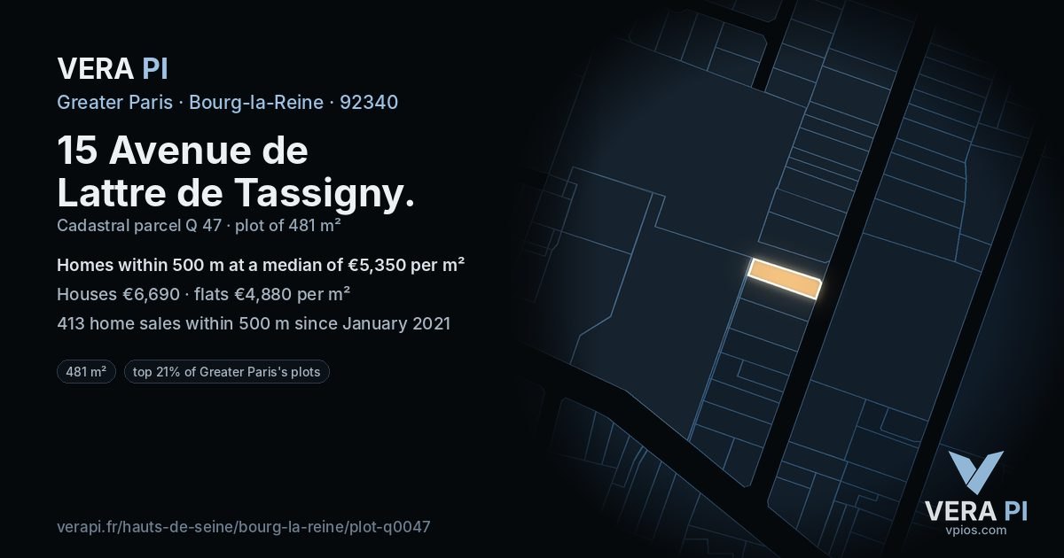 15 Avenue de Lattre de Tassigny, Bourg-la-Reine at night – the plot lit, the parcels around coloured by the prices near them
