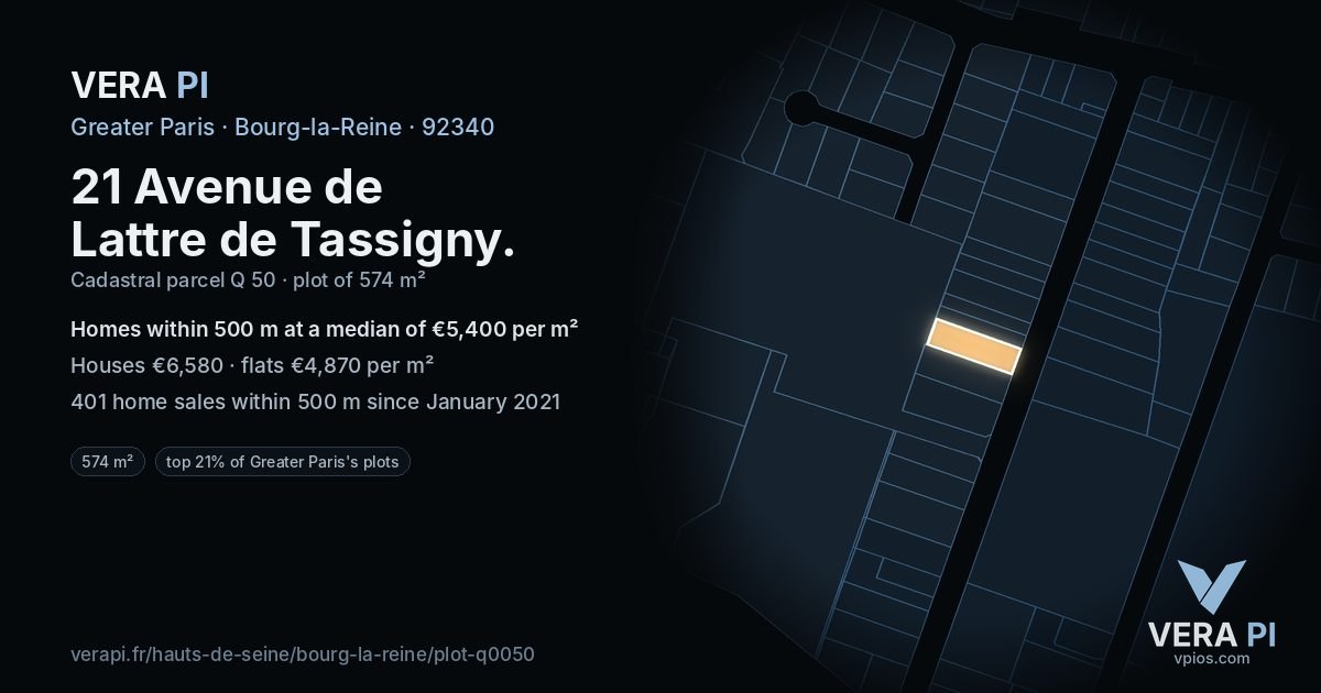 21 Avenue de Lattre de Tassigny, Bourg-la-Reine at night – the plot lit, the parcels around coloured by the prices near them