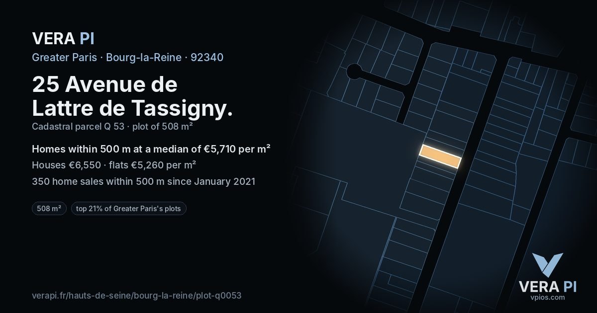 25 Avenue de Lattre de Tassigny, Bourg-la-Reine at night – the plot lit, the parcels around coloured by the prices near them