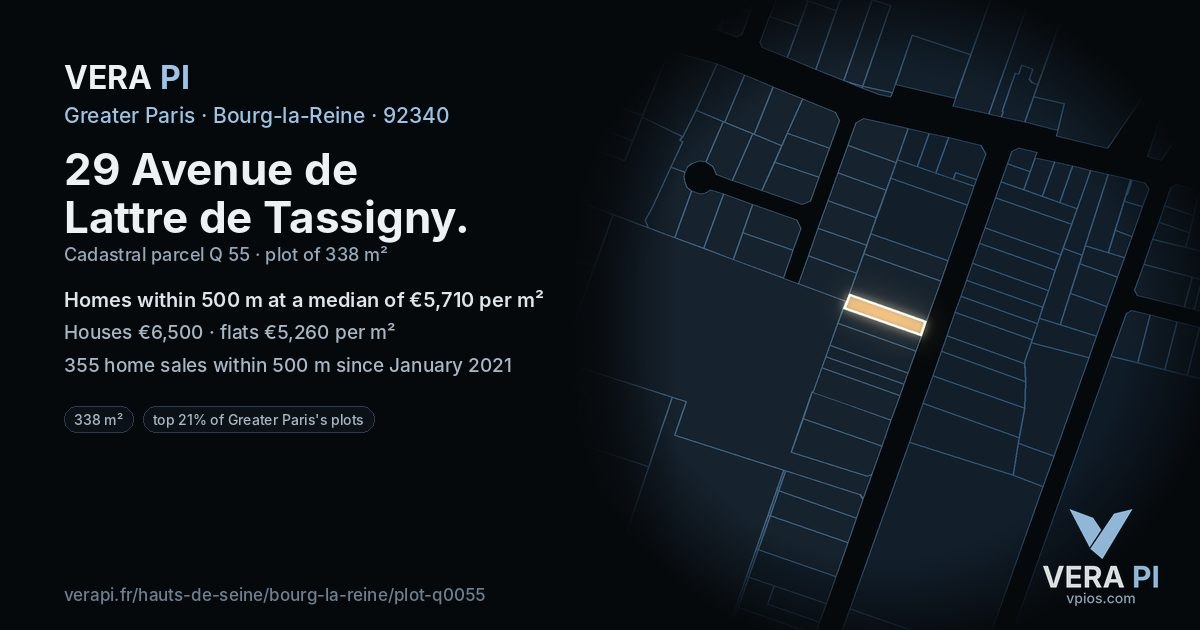 29 Avenue de Lattre de Tassigny, Bourg-la-Reine at night – the plot lit, the parcels around coloured by the prices near them