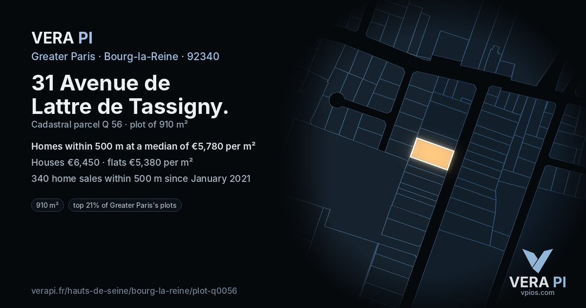 31 Avenue de Lattre de Tassigny, Bourg-la-Reine at night – the plot lit, the parcels around coloured by the prices near them