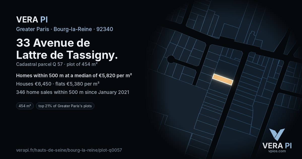 33 Avenue de Lattre de Tassigny, Bourg-la-Reine at night – the plot lit, the parcels around coloured by the prices near them