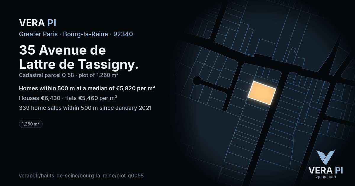 35 Avenue de Lattre de Tassigny, Bourg-la-Reine at night – the plot lit, the parcels around coloured by the prices near them