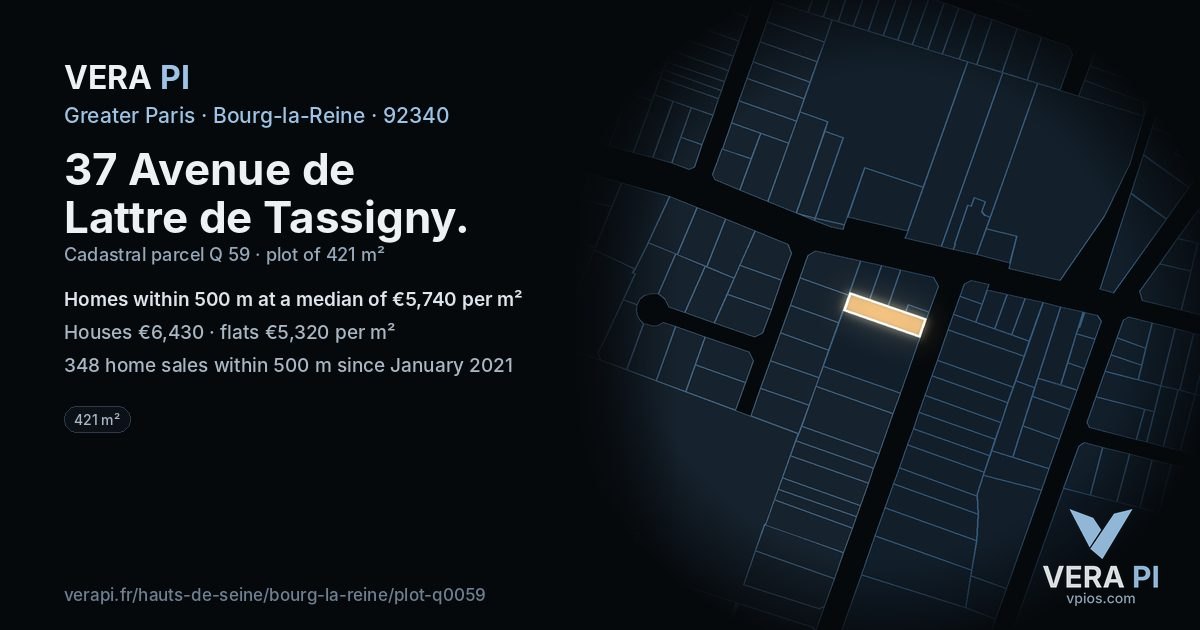 37 Avenue de Lattre de Tassigny, Bourg-la-Reine at night – the plot lit, the parcels around coloured by the prices near them