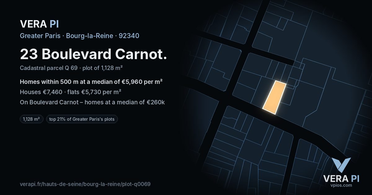 23 Boulevard Carnot, Bourg-la-Reine at night – the plot lit, the parcels around coloured by the prices near them