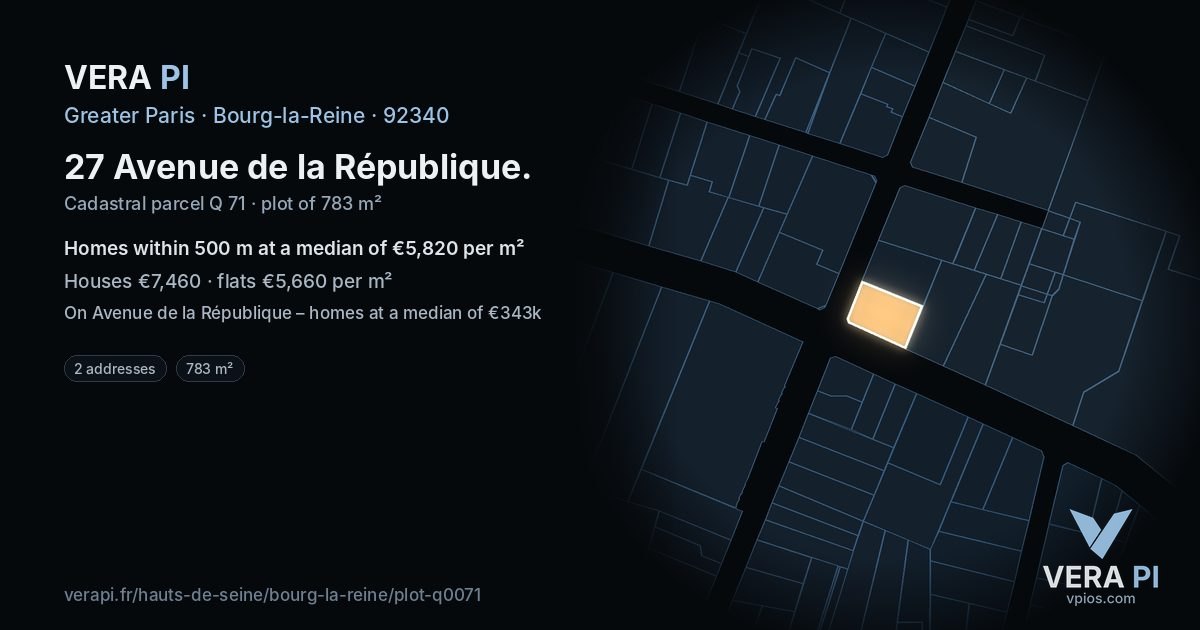 27 Avenue de la République, Bourg-la-Reine at night – the plot lit, the parcels around coloured by the prices near them