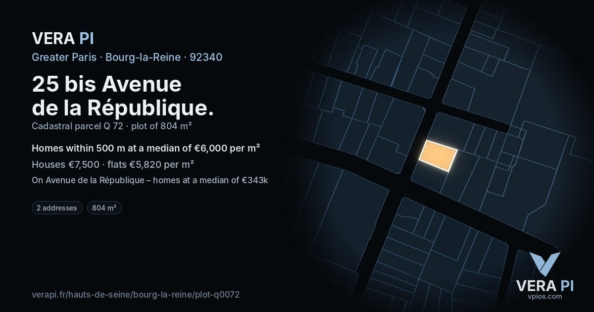 25 bis Avenue de la République, Bourg-la-Reine at night – the plot lit, the parcels around coloured by the prices near them