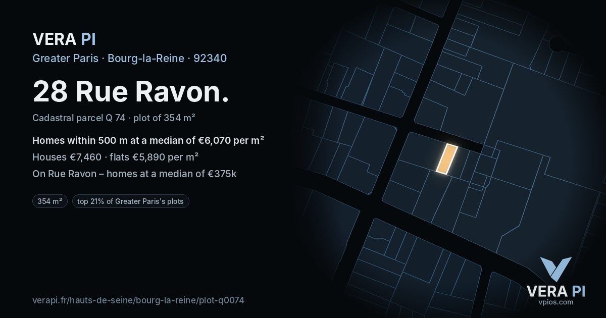 28 Rue Ravon, Bourg-la-Reine at night – the plot lit, the parcels around coloured by the prices near them
