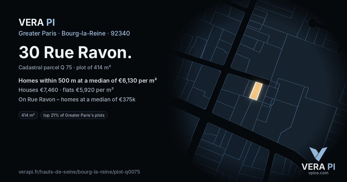 30 Rue Ravon, Bourg-la-Reine at night – the plot lit, the parcels around coloured by the prices near them