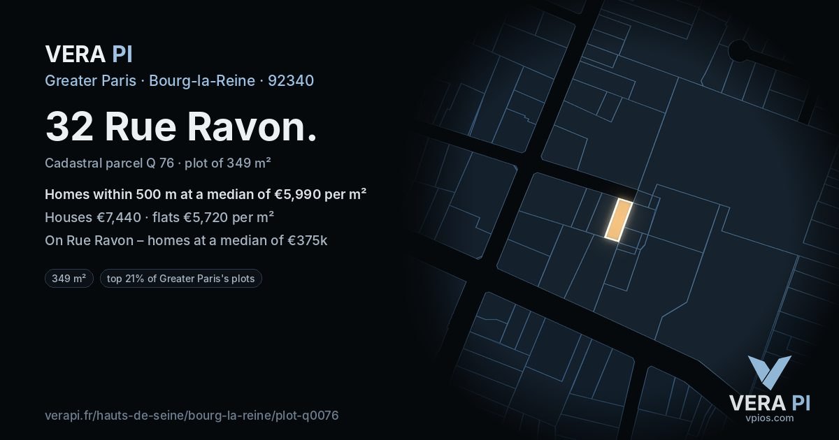 32 Rue Ravon, Bourg-la-Reine at night – the plot lit, the parcels around coloured by the prices near them
