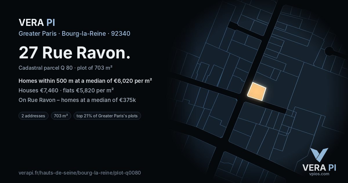 27 Rue Ravon, Bourg-la-Reine at night – the plot lit, the parcels around coloured by the prices near them