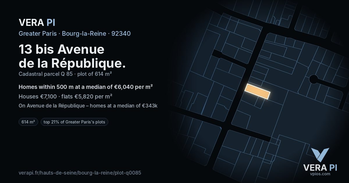 13 bis Avenue de la République, Bourg-la-Reine at night – the plot lit, the parcels around coloured by the prices near them