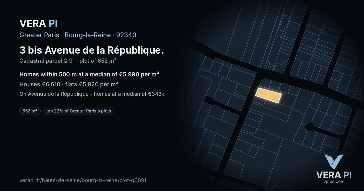 3 bis Avenue de la République, Bourg-la-Reine at night – the plot lit, the parcels around coloured by the prices near them