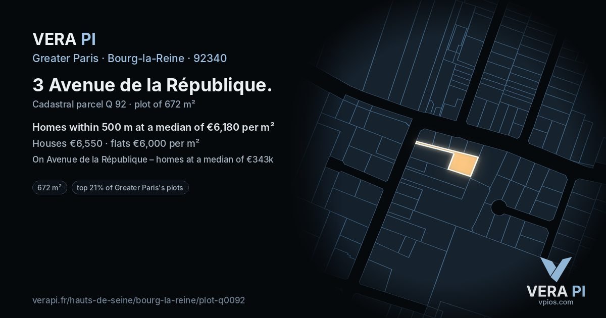3 Avenue de la République, Bourg-la-Reine at night – the plot lit, the parcels around coloured by the prices near them