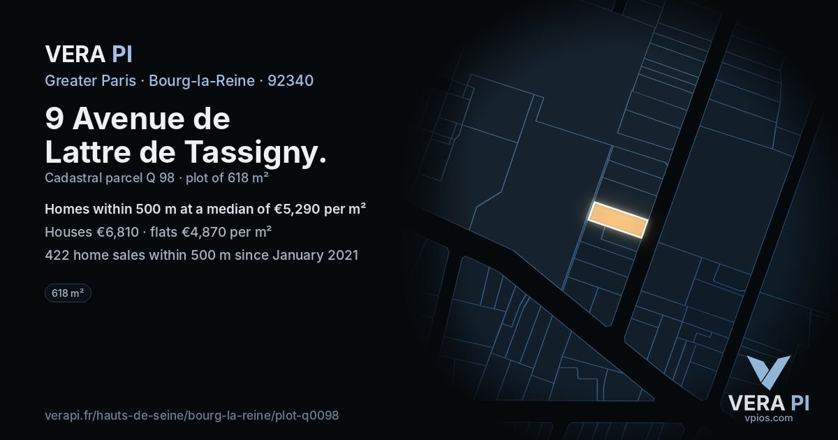9 Avenue de Lattre de Tassigny, Bourg-la-Reine at night – the plot lit, the parcels around coloured by the prices near them