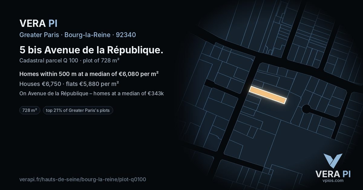 5 bis Avenue de la République, Bourg-la-Reine at night – the plot lit, the parcels around coloured by the prices near them